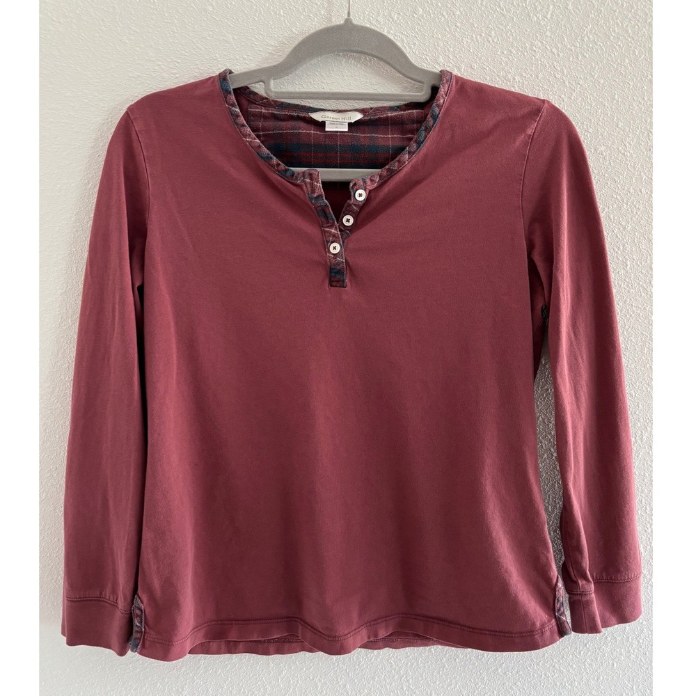 Garnet Hill Pajama Top‎ Womens Small Burgundy Plaid Trim Comfort Lounge Cozy